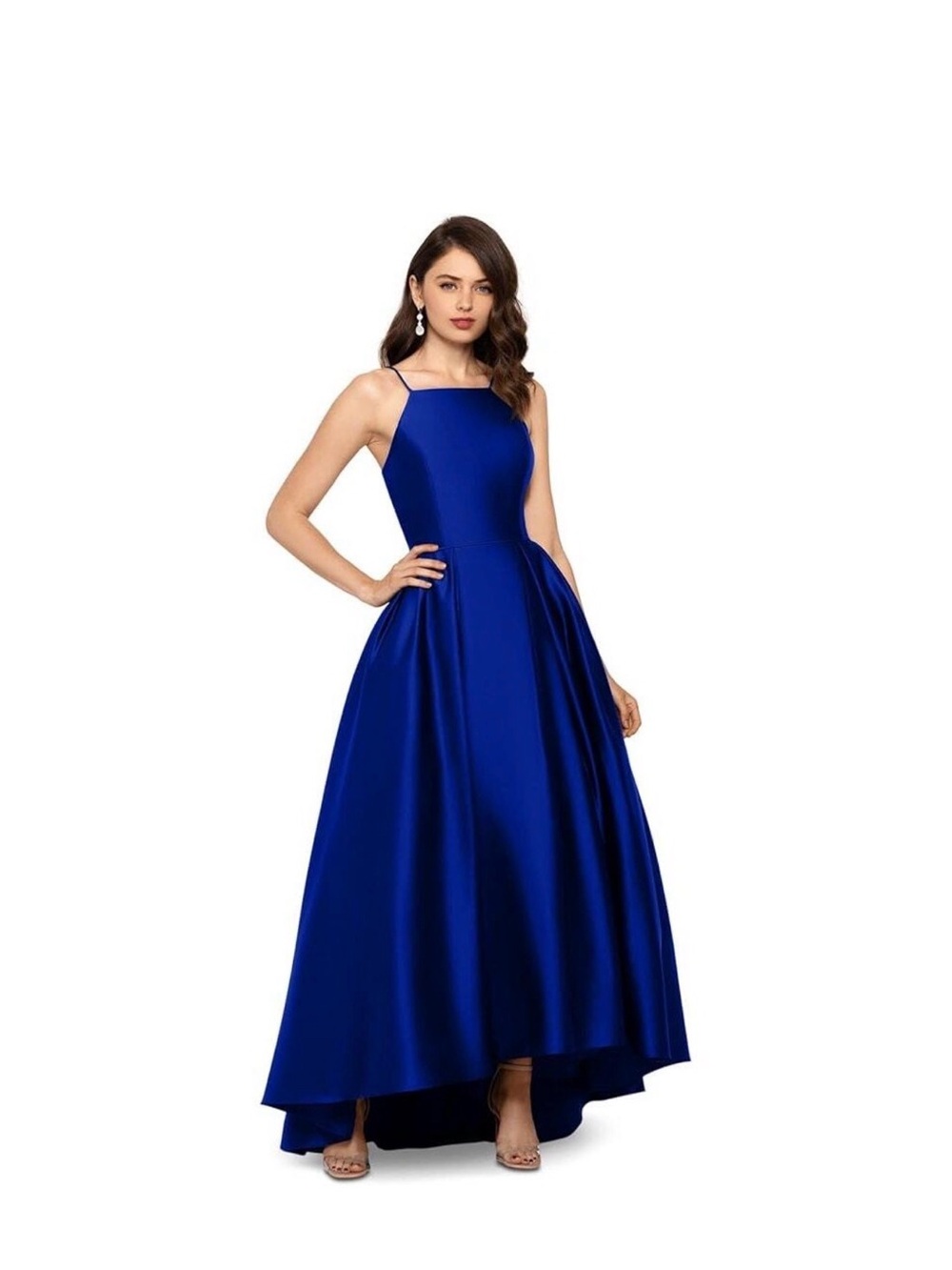 Betsy & Adam Royal Blue Satin High-Low Evening Gown